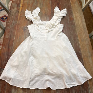 Vestique White Ruffle Trim V-Neck Mini Dress Flowy Fit and Flare Vacation